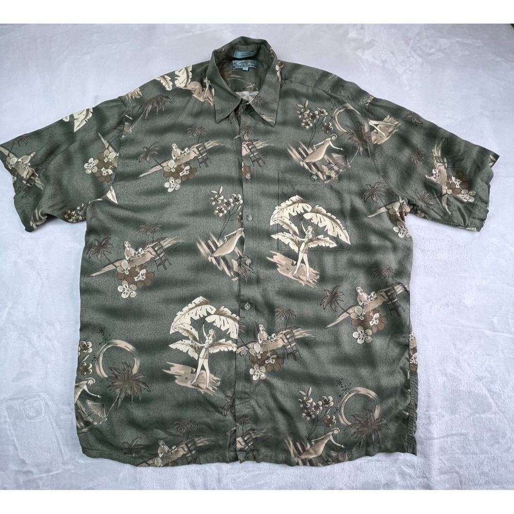 VTG CAMPIA Mens XL Shirt Rayon Tropical Olive Green‎ Soft Vacation Lady Print